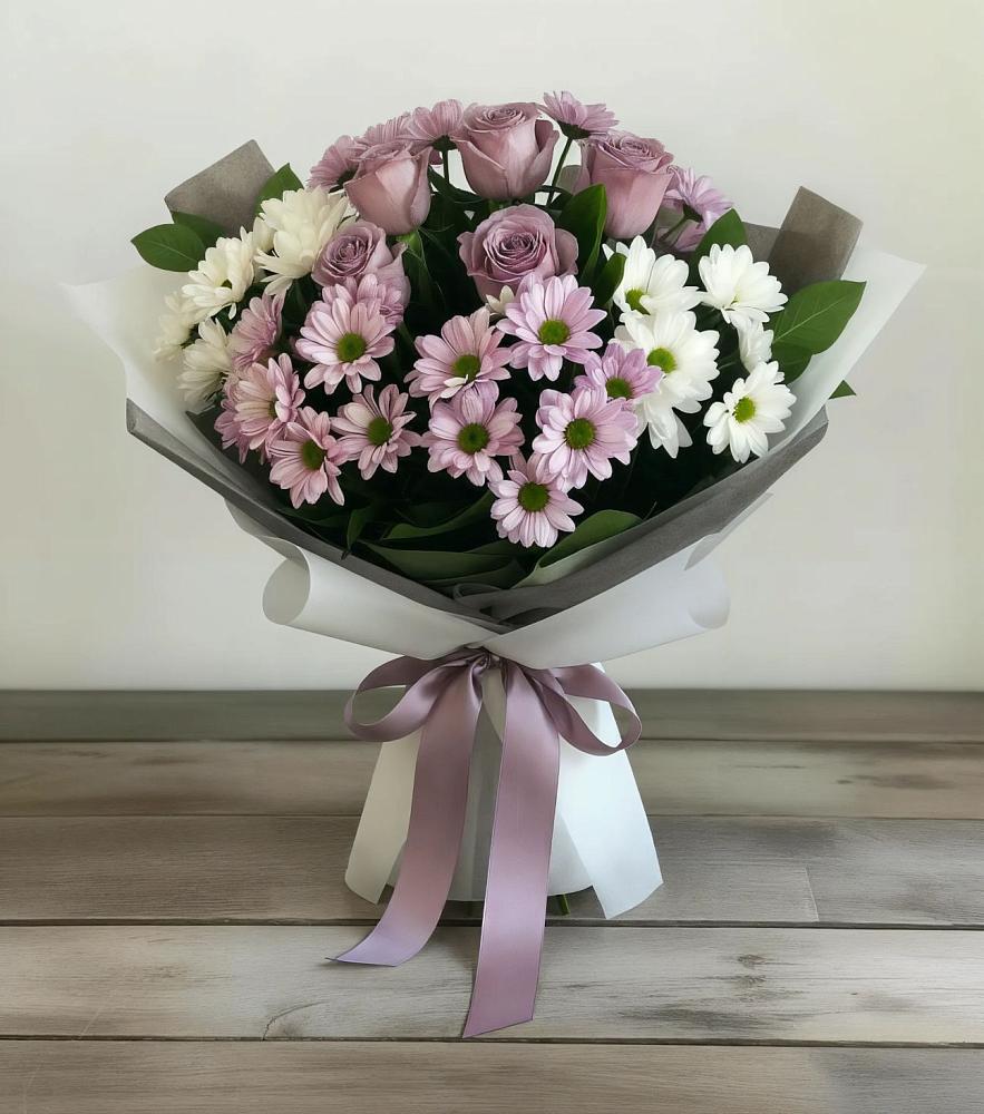 Букет цветов из: Хризантемы и Розы в Пластун