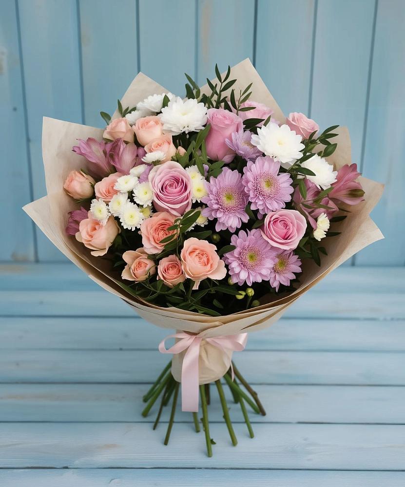 Букет цветов из: Хризантемы, Розы и Альстромерии в Пластун