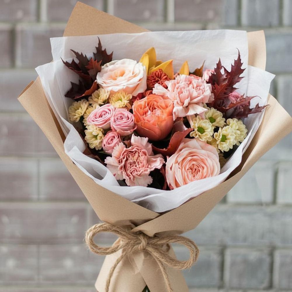 Букет цветов из: Гвоздики, Хризантемы и Розы в Пластун