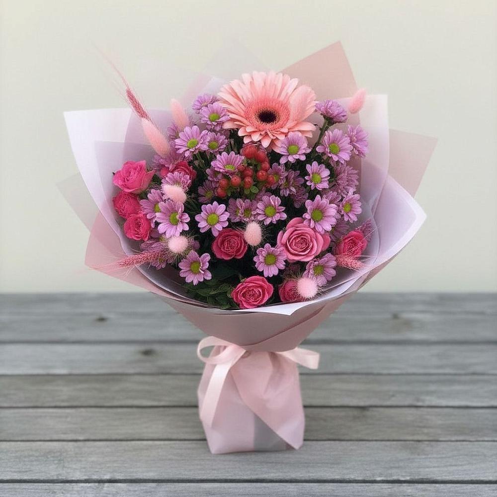 Букет цветов из: Розы, Герберы и Хризантемы в Пластун