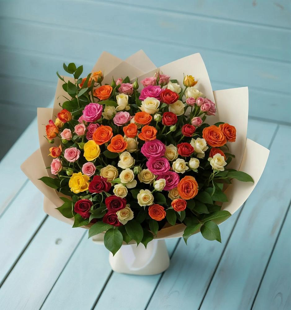 Букет Микс из разноцветных кустовых роз в Пластун