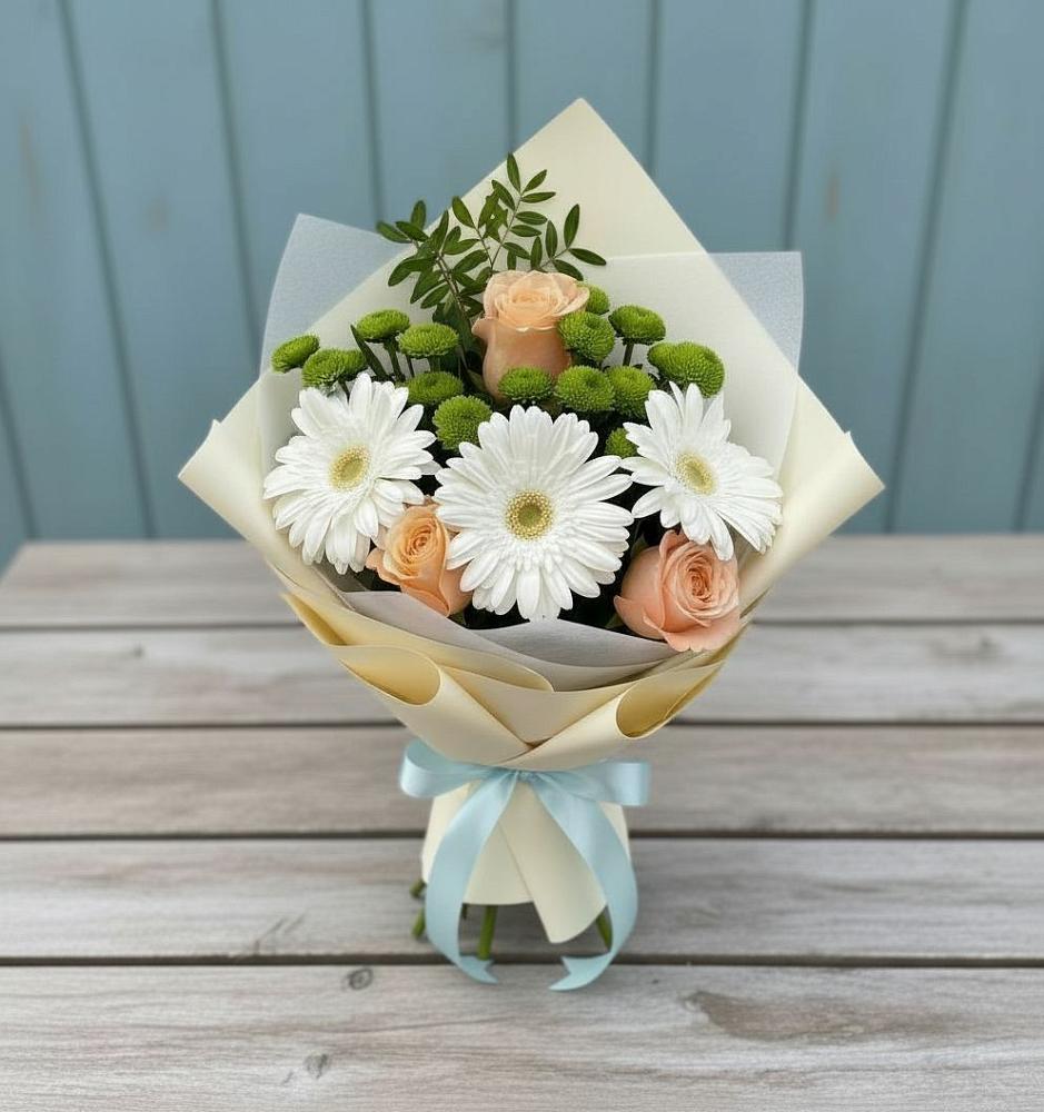 Букет цветов из: Герберы, Розы и Хризантемы в Пластун
