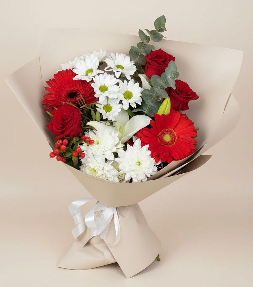 Букет цветов из: Розы, Хризантемы, Герберы и Лилии в Пластун