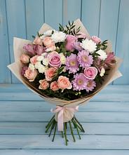 Букет цветов из:  Хризантемы, Розы и Альстромерии в Пластун