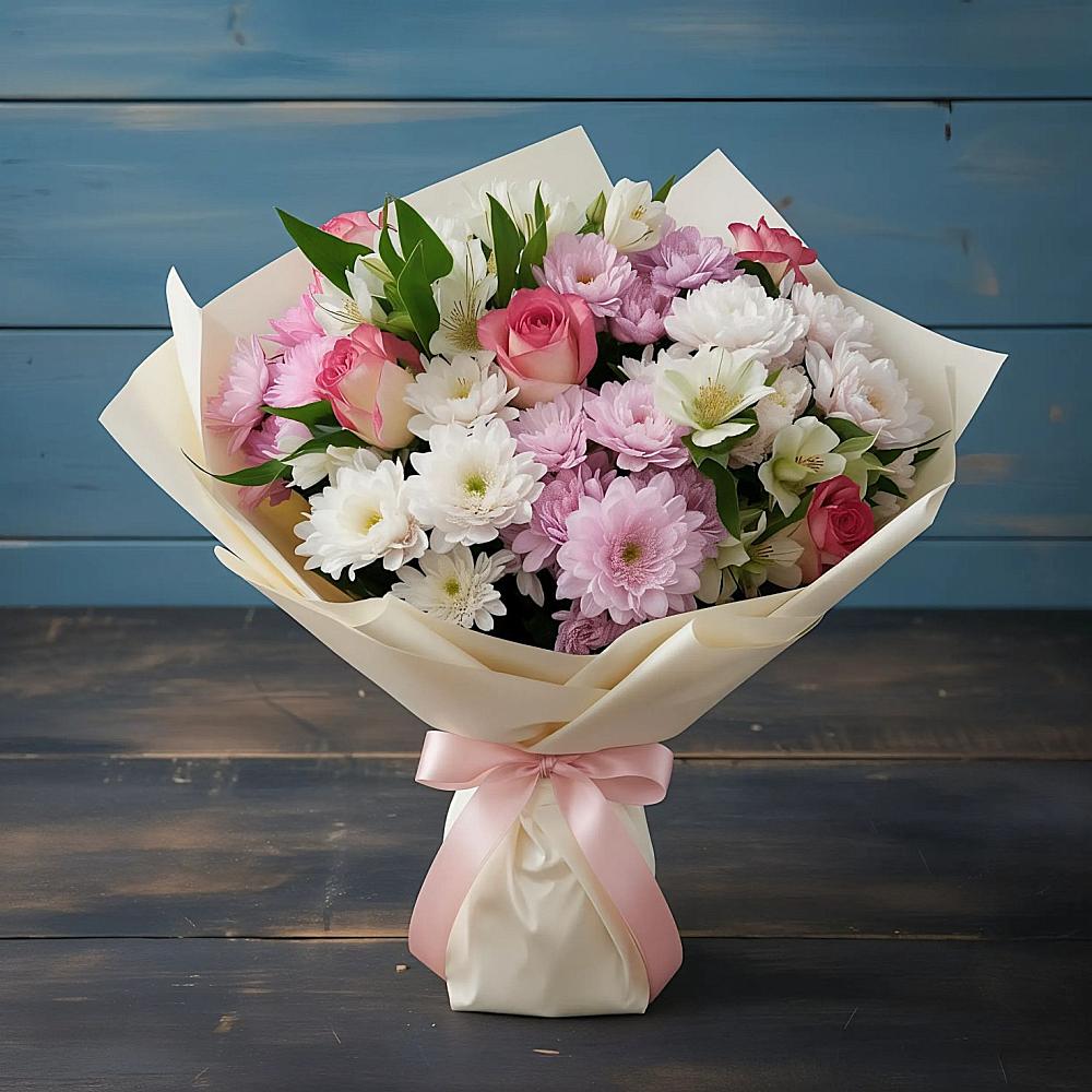 Букет цветов из: Хризантемы, Альстромерии и Розы в Пластун